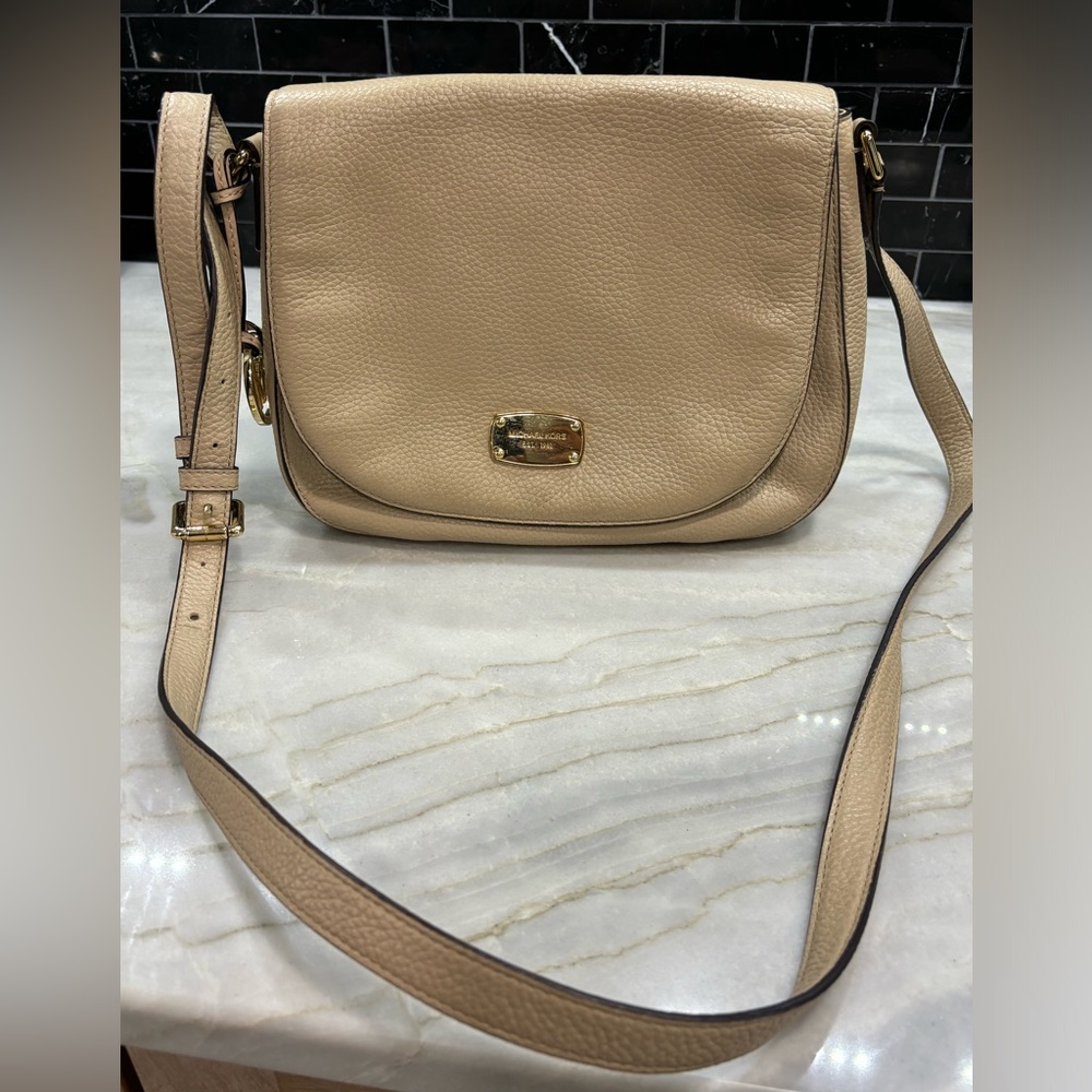 Michael Kors beige/tan  soft pebble leather crossbody with gold accents